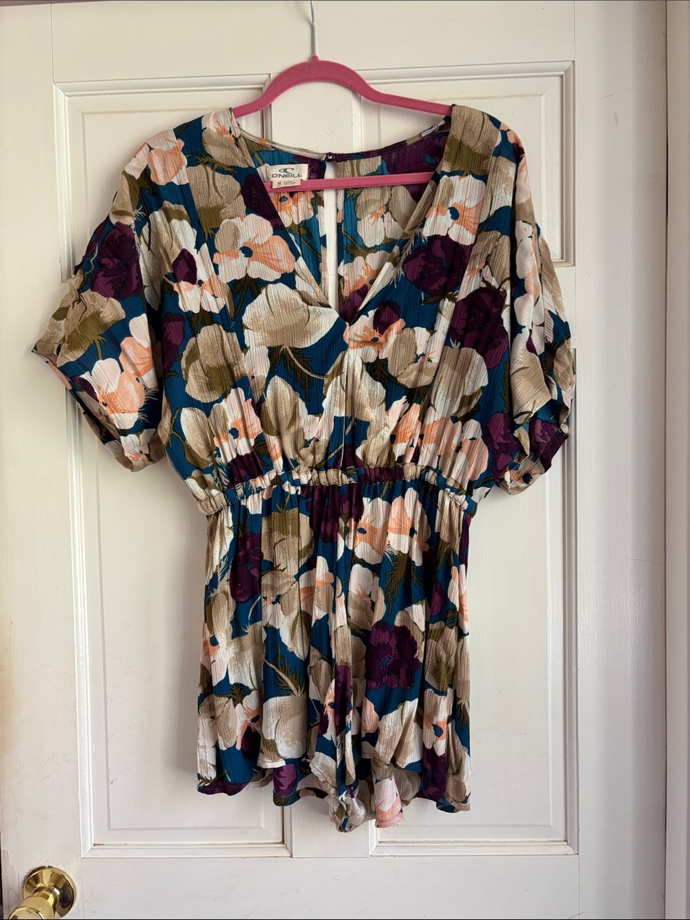 O'Neill Teal Floral V-Neck Short Sleeve Romper